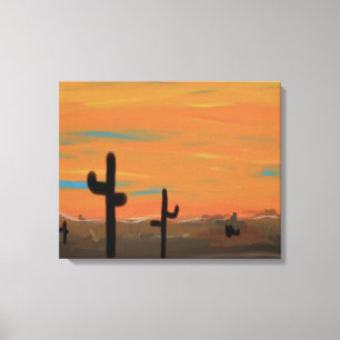 Orange Sky and Cacti Wrapped Canvas Painting