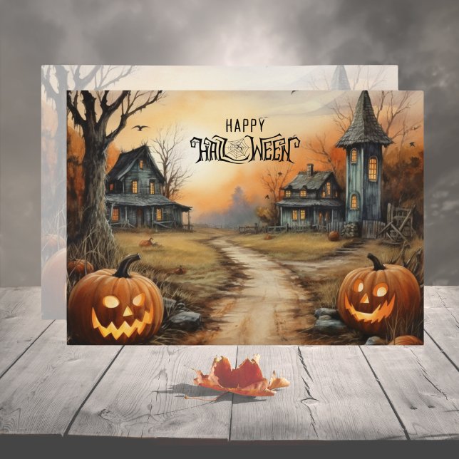 Orange Sky Haunted Farmhouse Happy Halloween Holiday Card (Creator Uploaded)