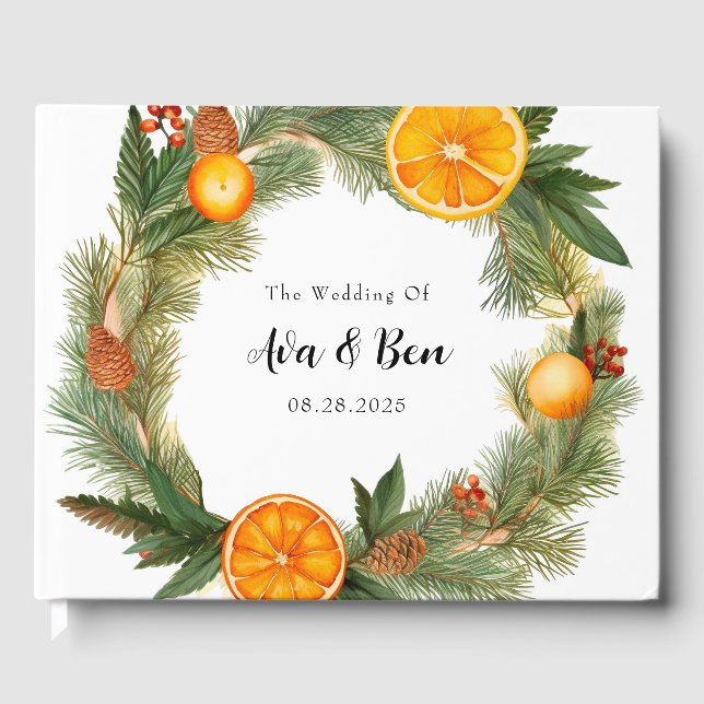 Orange Slice Green Pine Needles Wedding Guest Book (Front)