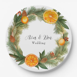 Orange Slice Green Pine Needles Wedding Paper Plate