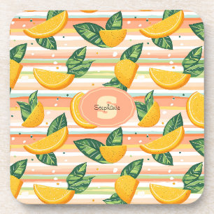 Orange Slice Pattern with Green Leaves on Pastel Coaster