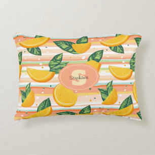 Orange Slice Pattern with Green Leaves on Pastel Decorative Cushion