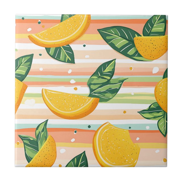 Orange Slice Pattern with Green Leaves on Pastel Tile (Front)