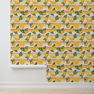 Orange Slice Pattern with Green Leaves on Pastel Wallpaper
