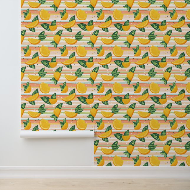 Orange Slice Pattern with Green Leaves on Pastel Wallpaper (Application)