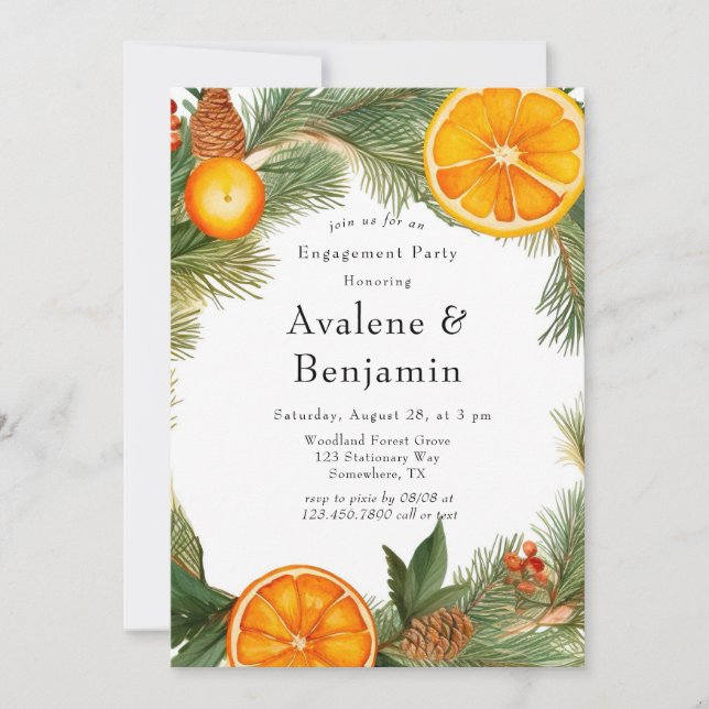 Orange Slice Pine Wreath Engagement Party Invitation (Front)