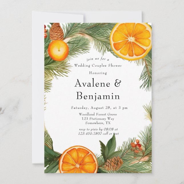 Orange Slice Pine Wreath Wedding Couples Shower Invitation (Front)
