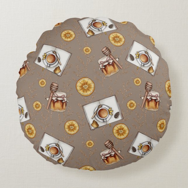 Orange Slices & Honey Pattern |  Sweet & Citrus Round Cushion (Front)