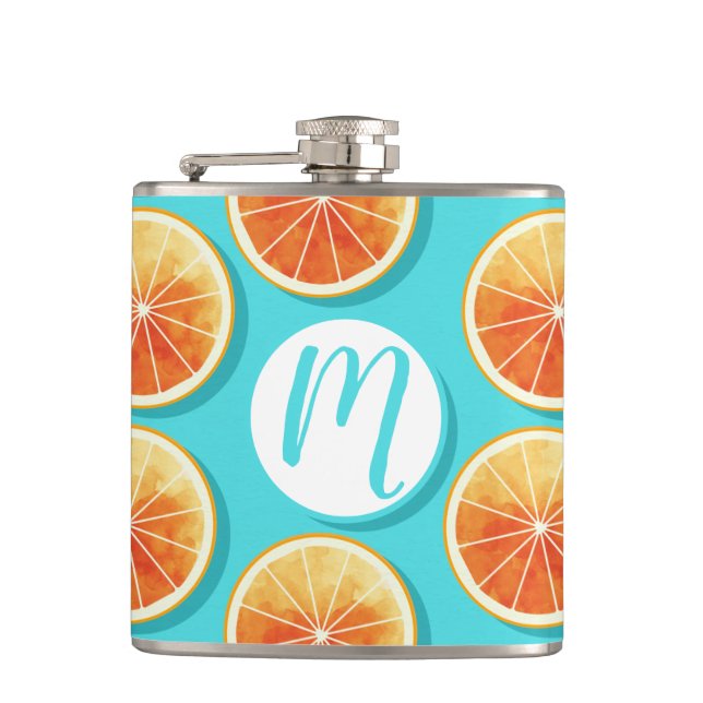 Orange Slices on Blue Hip Flask (Front)