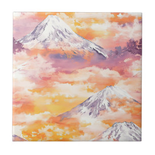 Orange Snow Peaks Sunset Watercolor Nature Art Tile