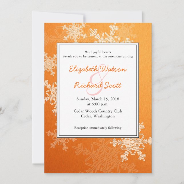 Orange Snowflakes Christmas wedding invitation (Front)