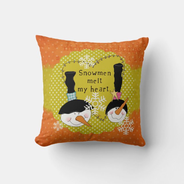 Orange Snowmen Melt My Heart Holiday Pillow (Front)