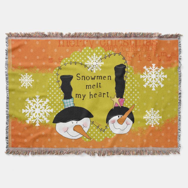 Orange Snowmen Melt My Heart Holiday Throw Blanket (Front)