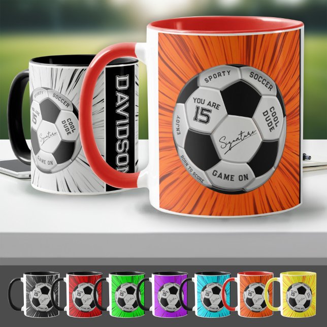 Orange Soccer Ball Custom Text Birthday Milestone  Mug (Creator Uploaded)