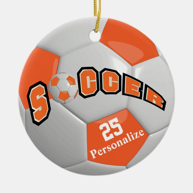 Orange Soccer Ball | Personalise Ceramic Tree Decoration (Front)
