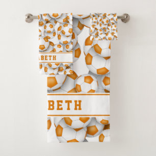 orange soccer balls pattern athlete name bath towel set