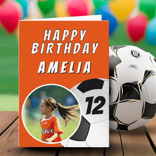 Orange Soccer Football Ball Photo Birthday Card (Creator Uploaded)