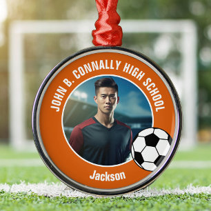 Orange Soccer Player Photo High School Christmas Metal Tree Decoration
