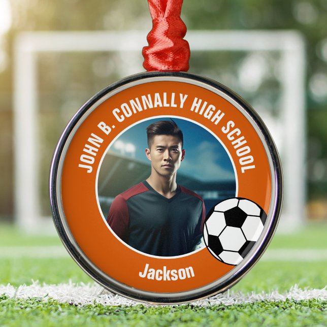 Orange Soccer Player Photo High School Christmas Metal Tree Decoration (Creator Uploaded)