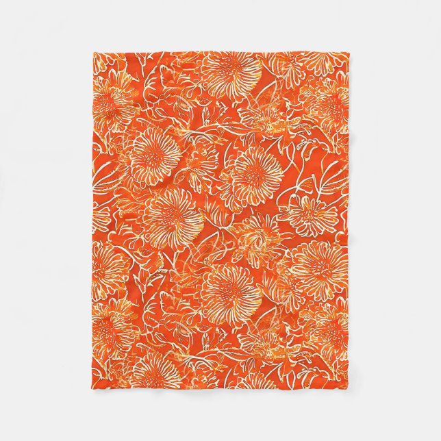 Orange soft flowers fleece blanket (Front)