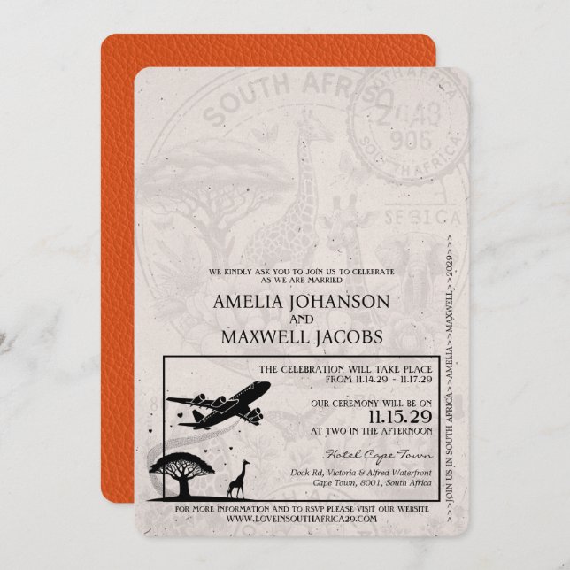 Orange South Africa Passport Wedding Invitation (Front/Back)