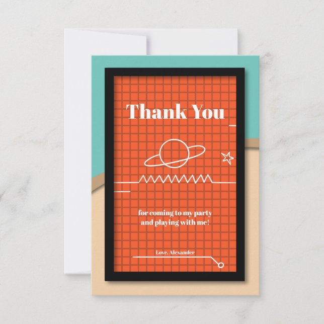 Orange Spaceship Screen Birthday Thank You Card (Front)