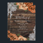 Orange Spice Floral Roses Rustic Wood Lace Wedding Invitation<br><div class="desc">Customise any way you want.</div>