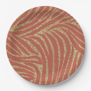 Orange Spice Gold Glitter Zebra Birthday Paper Plate