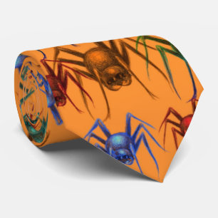 Orange Spider Pattern Spooky Funny Halloween Tie