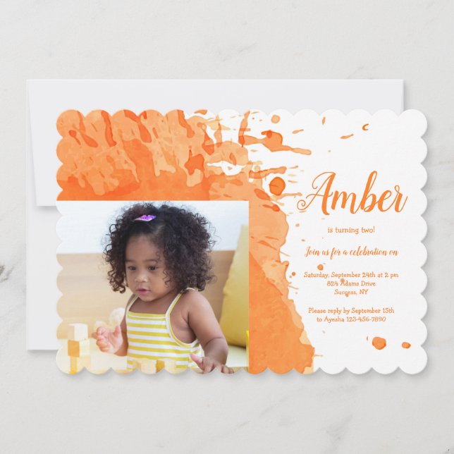 Orange Splash Photo Birthday Invitation (Front)