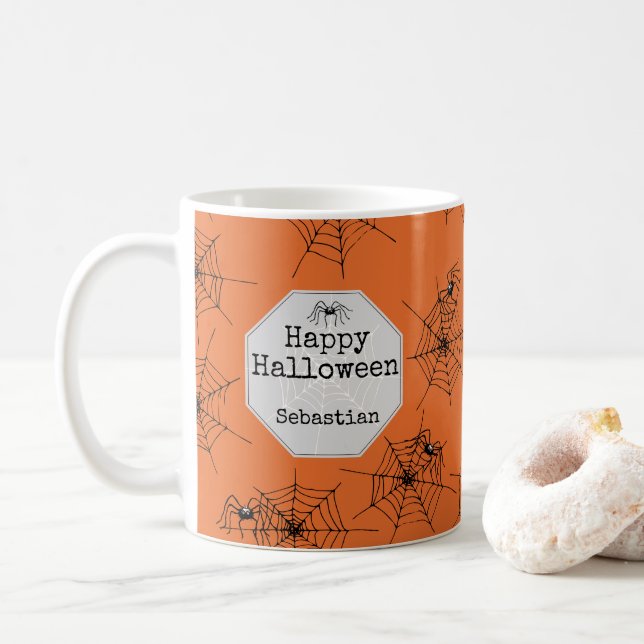 Orange Spooky Spider Halloween Mug (With Donut)