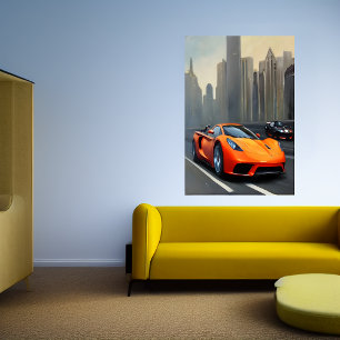 Orange sports cars on the road   AI Art Poster