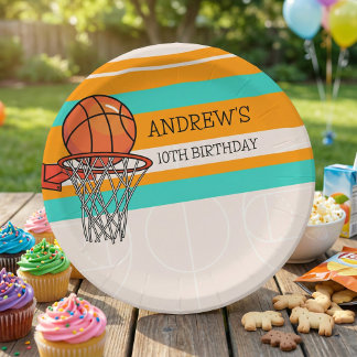 Orange Sporty Basketball Hoop Kids Birthday Paper Plate