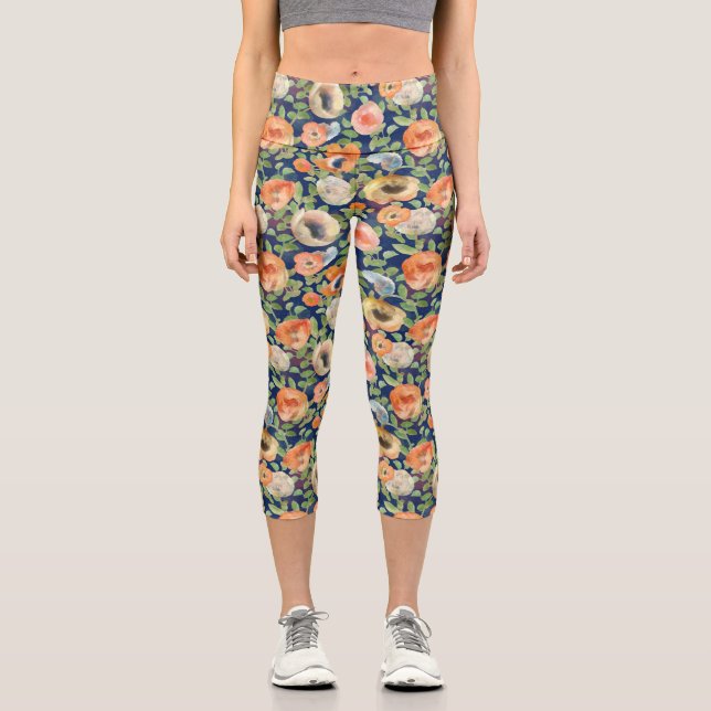 Orange Spring Flowers Capri Leggings (Front)