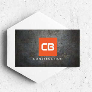Orange Square Monogram Grunge Metal Construction Business Card
