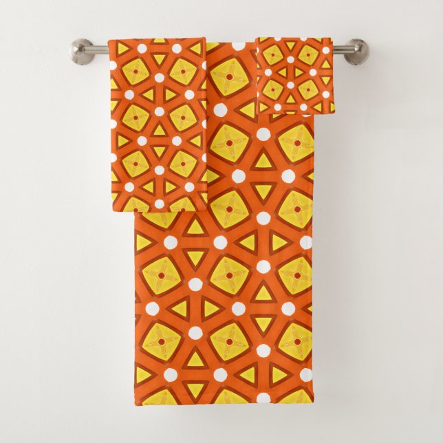 Orange square & triangle naïve retro pattern bath towel set (Insitu)