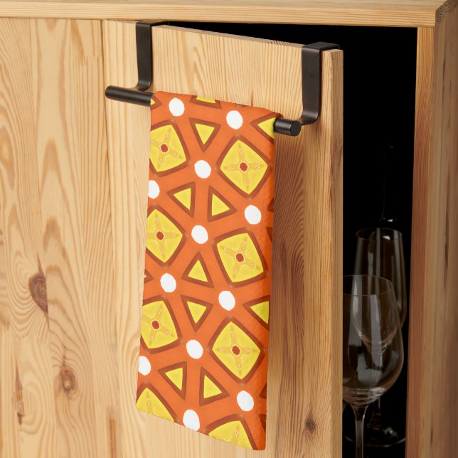 Orange square & triangle naïve retro pattern tea towel (Thirds Fold)