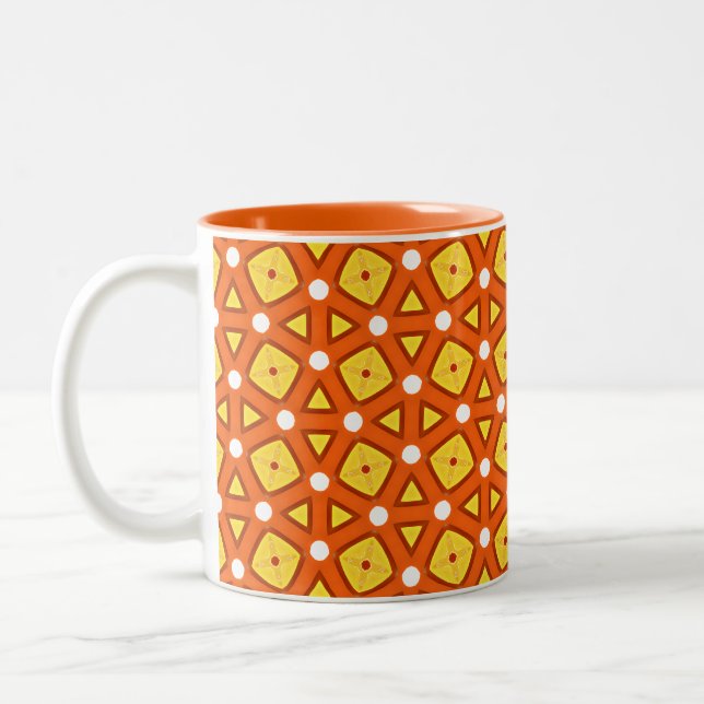 Orange square & triangle naïve retro pattern Two-Tone coffee mug (Left)