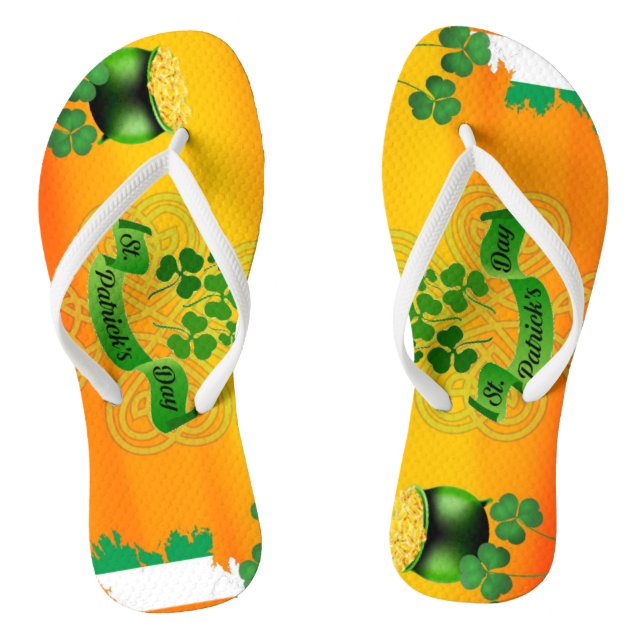 Orange St Patricks Day Shamrock Pot o' Gold Flag Jandals (Footbed)