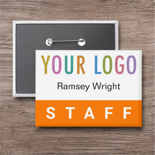Orange Staff Pin Back Badge Name Button with Logo
