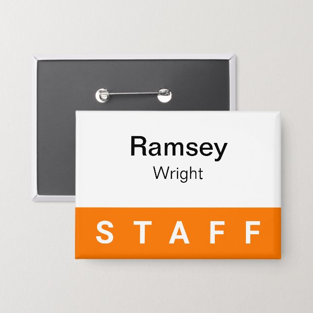 Orange Staff Pinback Badge Button Employee Nametag (Front/Back)