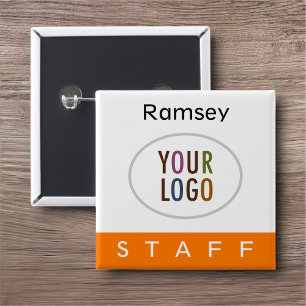 Orange Staff Pinback Badge with Logo Square Button