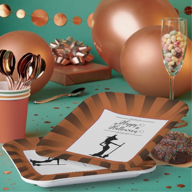 Orange Starburst Witch Halloween Paper Plate (Multi)