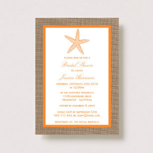 Orange Starfish Beach Burlap Bridal Shower Invitation