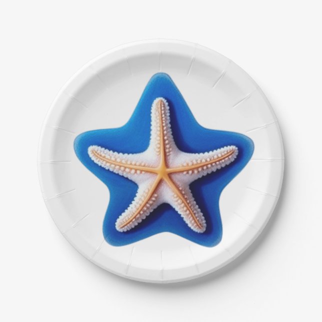 Orange Starfish in Blue Paper Plate (Front)