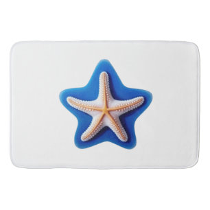 Orange Starfish in Blue Star Bath Mat