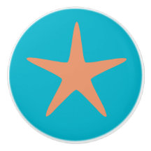 Orange Starfish turquoise beach theme ceramic knob
