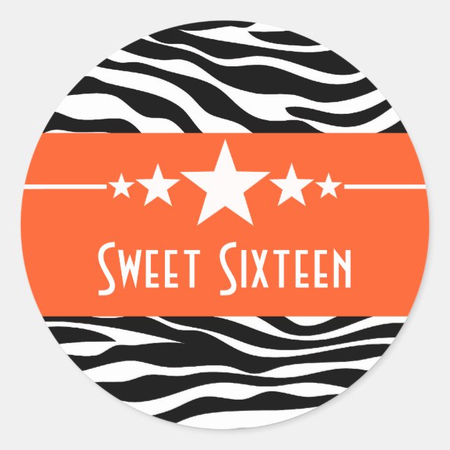 Orange Stars Zebra Print Sweet 16 Stickers (Front)
