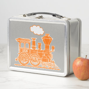 Orange steam loco train kids name lunch box