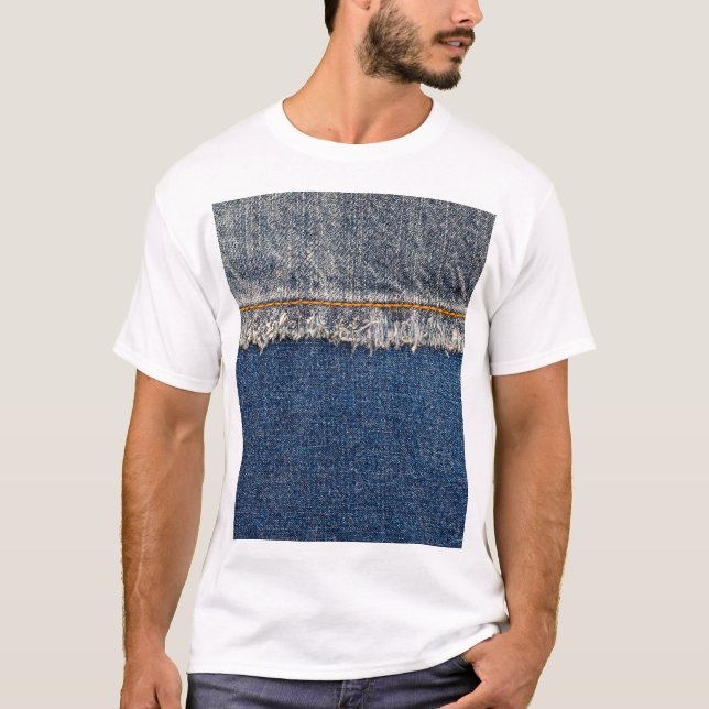 Orange Stitch, Double Denim Patch. T-Shirt (Front)